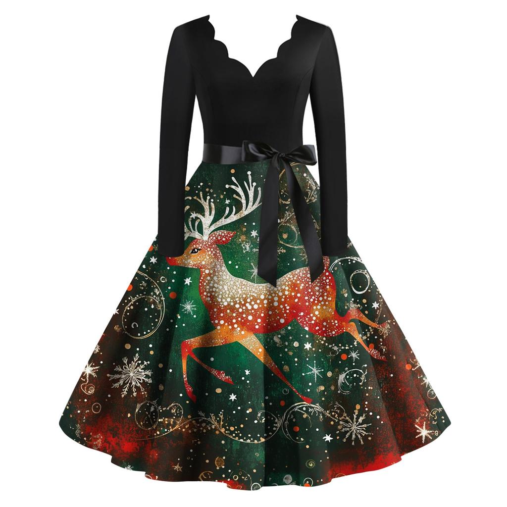 Women's Casual Fashion Christmas Printed V-Neck Vintage Dress
