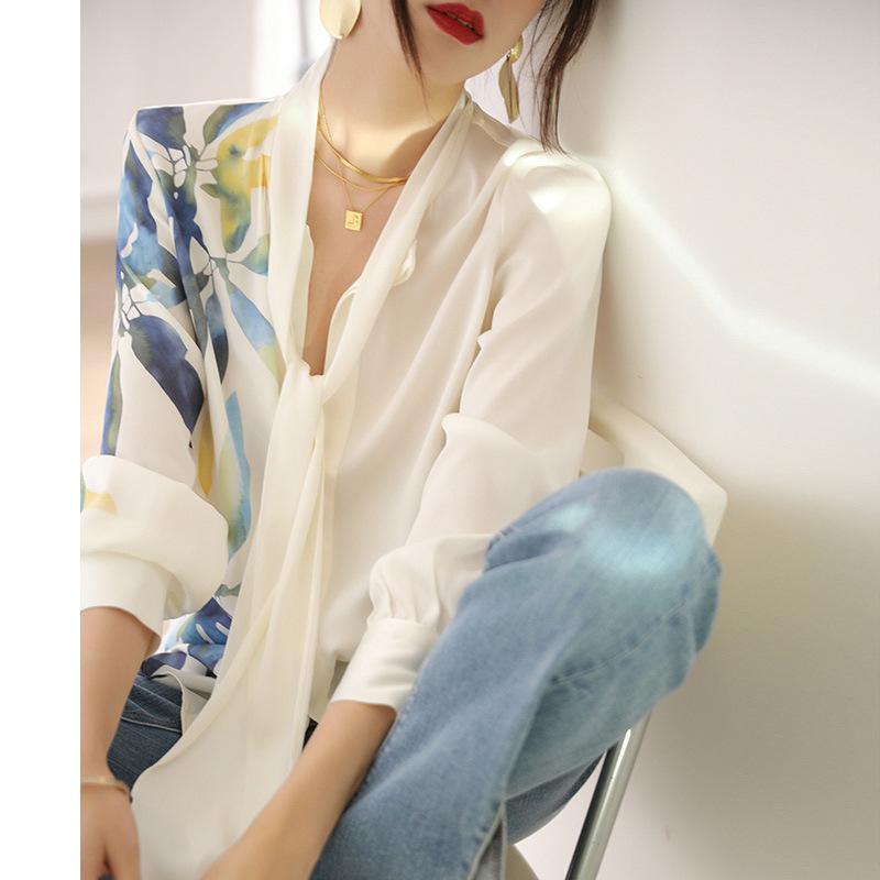Autumn Print V-neck Ribbon Style Temperament Long Sleeved Shirt with Women's Design Sense Top Blouses & Shirts