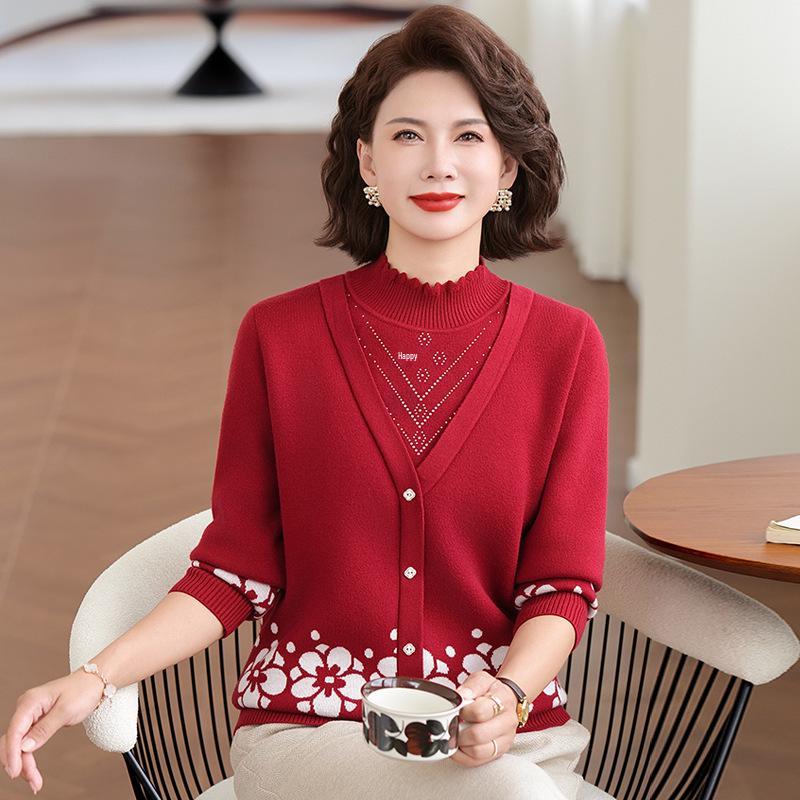 Thickened Velvet Base Layer Sweater: Red Two-Piece Winter Knitwear for Mother/Mother-in-Law 4XL [Recommended 145-160 lbs]
