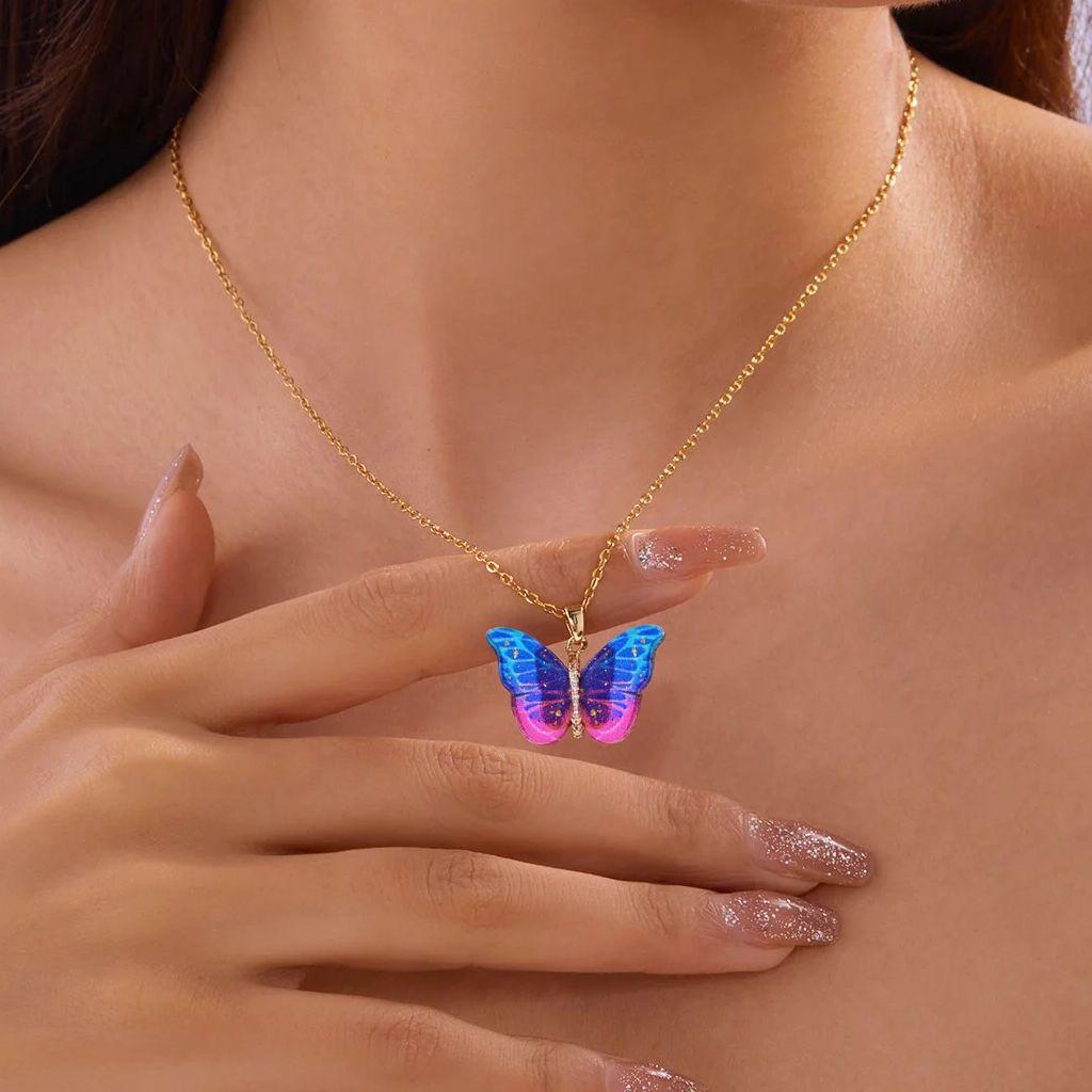 Romantic Blue Crystal Butterfly Necklace for Women Girls Double Layer Shiny Zircon Clavicle Chain Elegant Banquet Jewelry Gifts