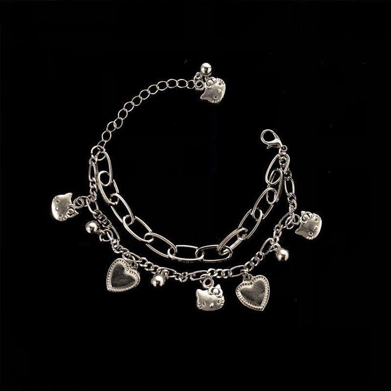 Dark Alloy Double Layer Bracelet with Heart, Little Bear, and Cross Pendants