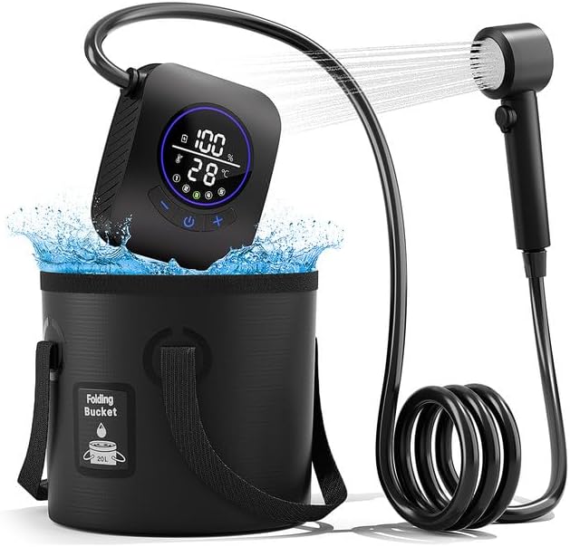 

Portable Camping Shower Pump with Temperature Display, 5-Gallon Foldable Bucket, 8000mAh