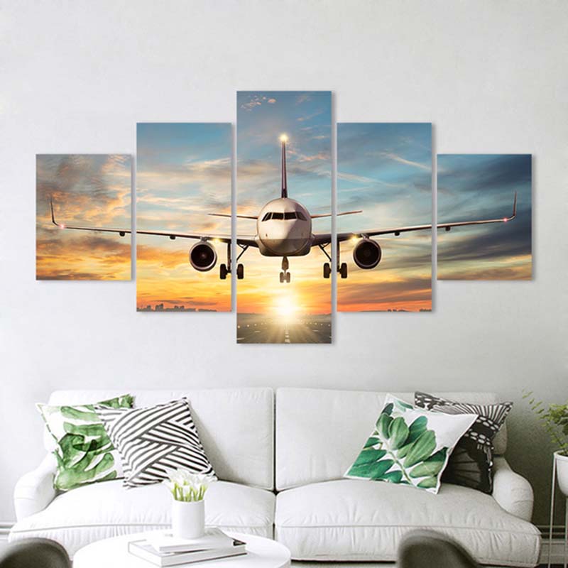 Modern 5 Pieces Airplane Poster Canvas Painting Landscape Sunset Backlight Lawn Wall Art Pictures for Living Room Decor No Frame
