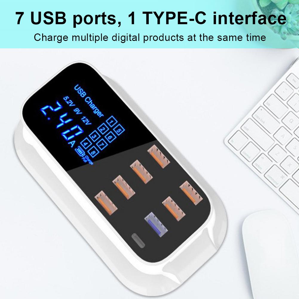 8 Port USB Phone Charger with Type C Intelligent Digital Display for QC3.0
