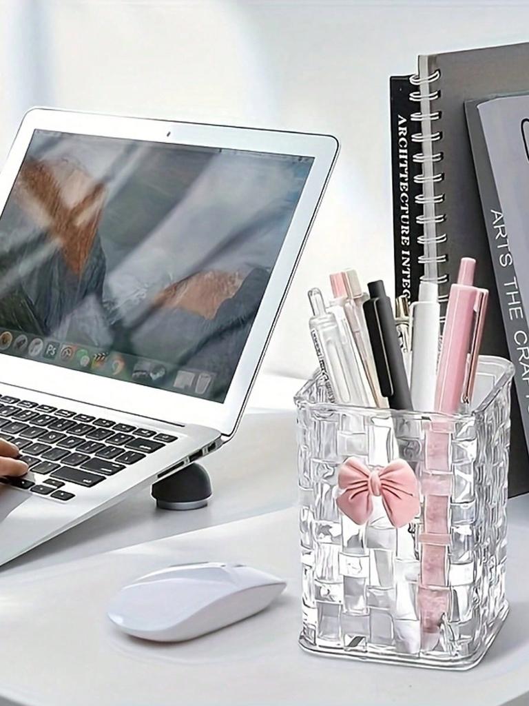 1pc Transparent Desktop Storage Box With Decorative Pink Bow,Pen Holder Cosmetic storage,Ideal For Back To School Supplies