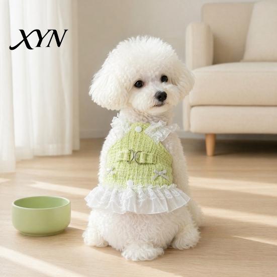 Spring Dog Clothing Sleeveless Tweed Dress, Ruffled Pet Dress with Lace Breathable Mesh Apparel Trim, Cute Summer Harness for Small Dogs Stylish