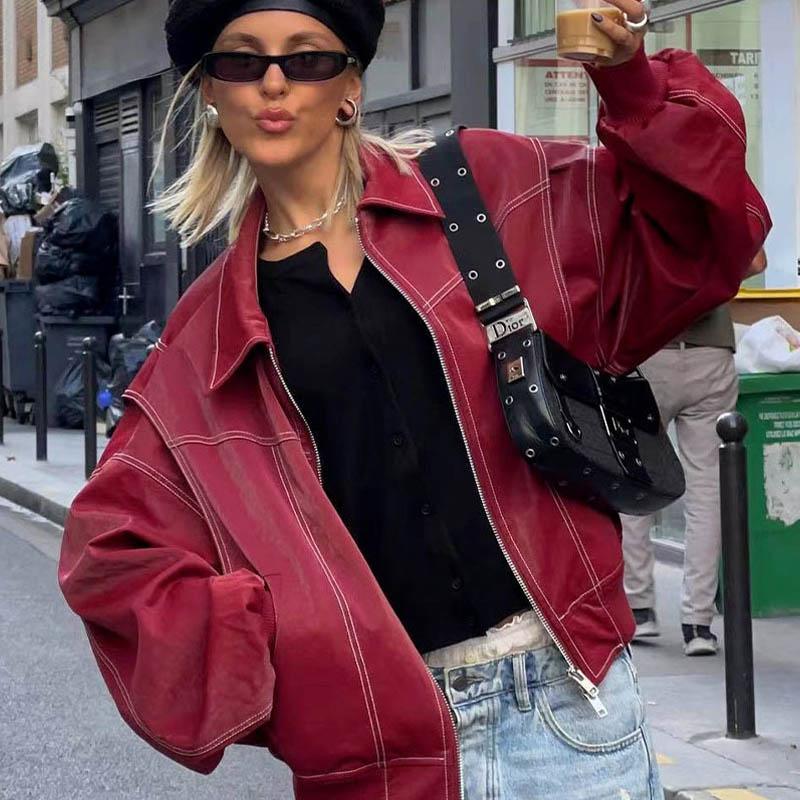 VAYLA Women Zipper Leather Bomber Jackets Coats Contrast Stitch Lapel Long Sleeve Jacket Motorcycle Outwear Tops