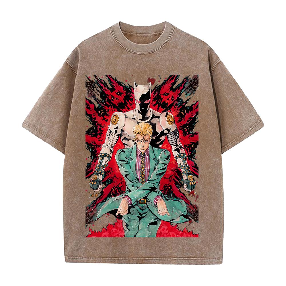 JoJo's Bizarre Adventure Yoshikage Kira Killer Queen Bedrucktes T-Shirt Herren Kleidung Gewaschenes Baumwoll-T-Shirt Vintage Lässig Streetwear