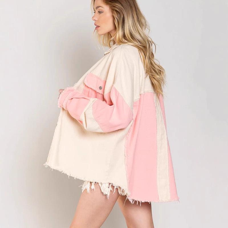 Spring and Summer New Vintage Washed Color-blocked Denim Jacket with Lapel and Casual Distressed Frilled Edges for Women