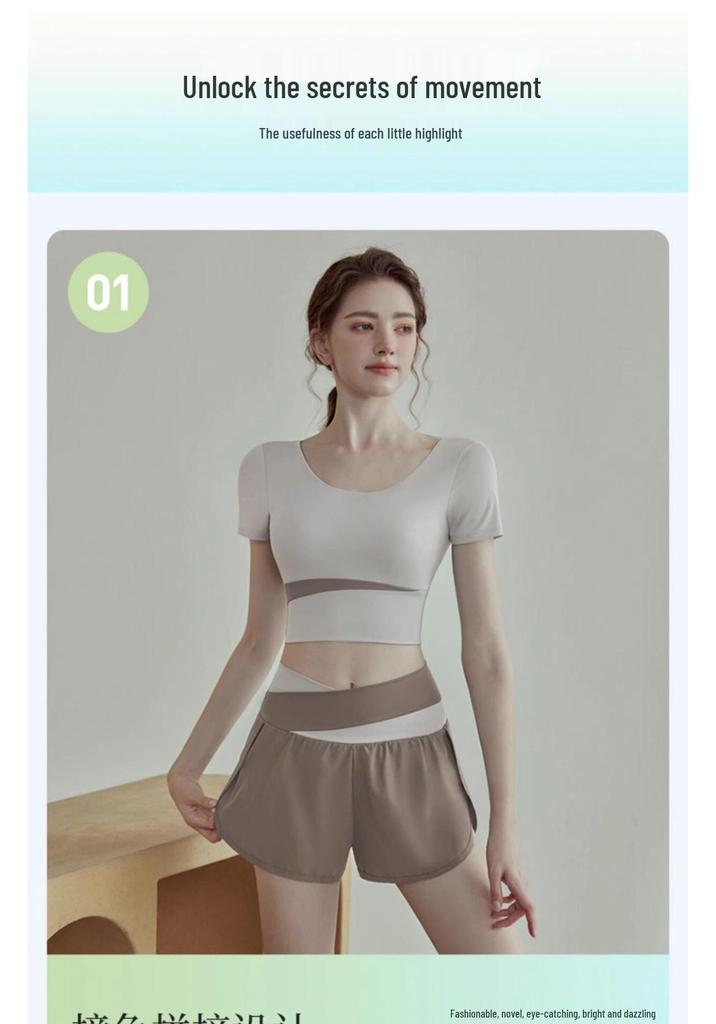 Premium Women's Color Block Sportswear Set - Short Sleeve Top & High-Waist Shorts, Yoga & Pilates Two-Piece Outfit