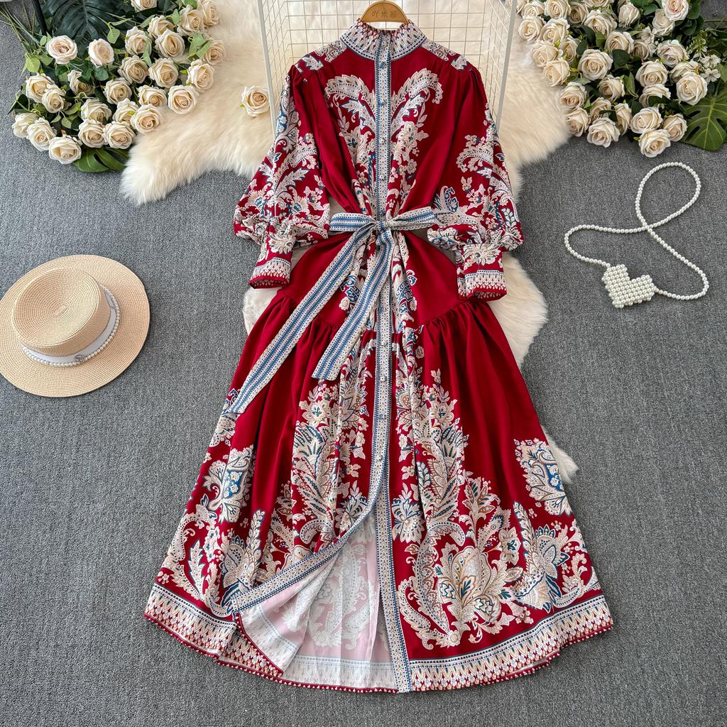 Vintage Langes Kleid für Damen, Frühling, Herbst, Blumendruck, Robe, Stehkragen, elegant, einreihig, Schnürgürtel, plissiertes Maxikleid