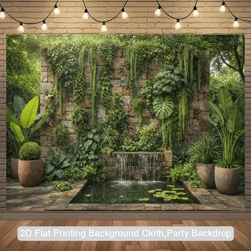 2D Lush Ivy Stone Wall Waterfall Backdrop Jungle Plant Photo Booth Banner
