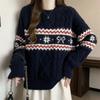 Women's Retro Fair Isle Pure Wool Christmas Sweater - Warm, Loose Fit Jacquard Knit with Round Neck