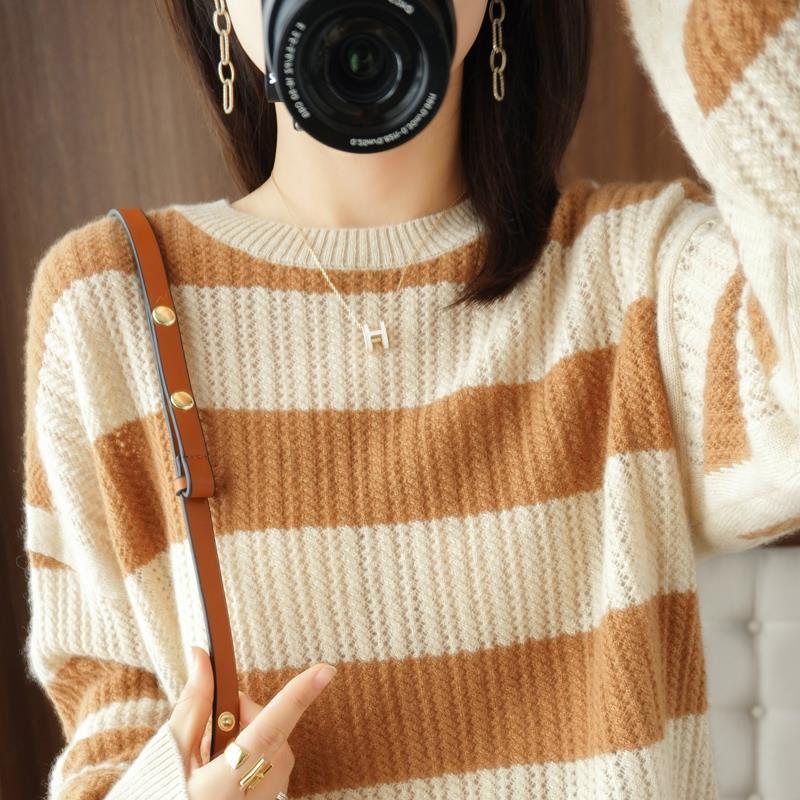 Round Neck Thick Sweater Women's Autumn and Winter Striped Sweater Hollow Loose Knit Sweater