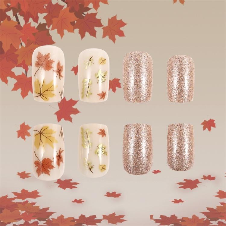 Thanksgiving Press on Nails Square Short Glossy Full Cover Acrylic Square False Nails with Maple Leaf Designs 24pcs