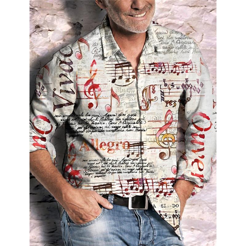 Casual Dark Men s Shirt Button Shirt Long Sleeve Party Autumn Winter Spring Summer 3D Printed Musical Note Lapel Shirt Button S