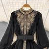 Süßer Stil Damen Langarm Stickerei Patchwork Einreiher Hohe Taille A-Linie Kleid Herbst Neue Kleider SN3859