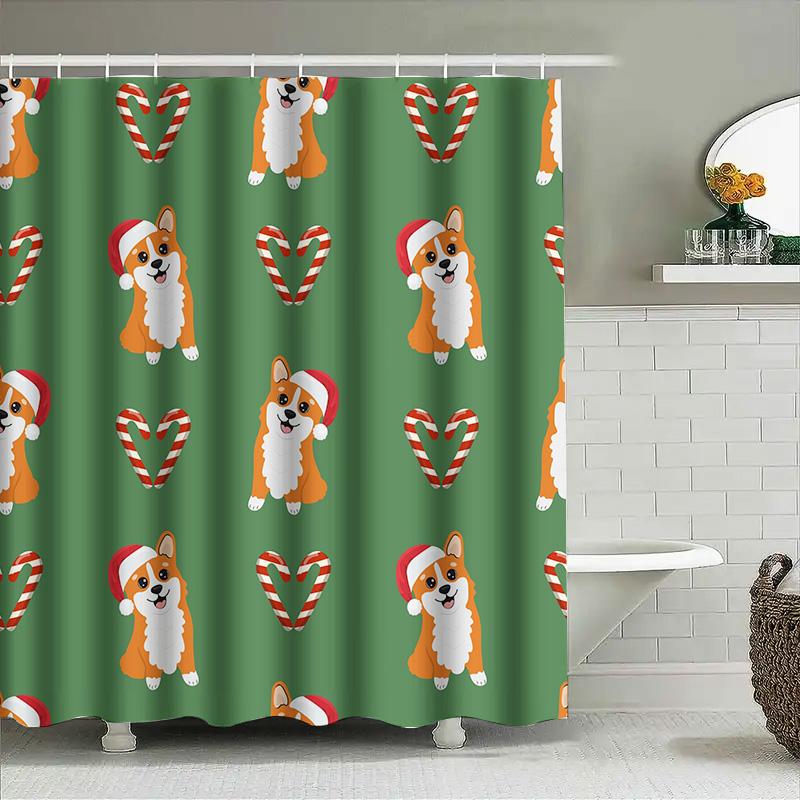 Green Christmas-themed Shower Curtains Featuring Cute Corgi Designs Festive Home Decor for Bathroom! (128 Characters)