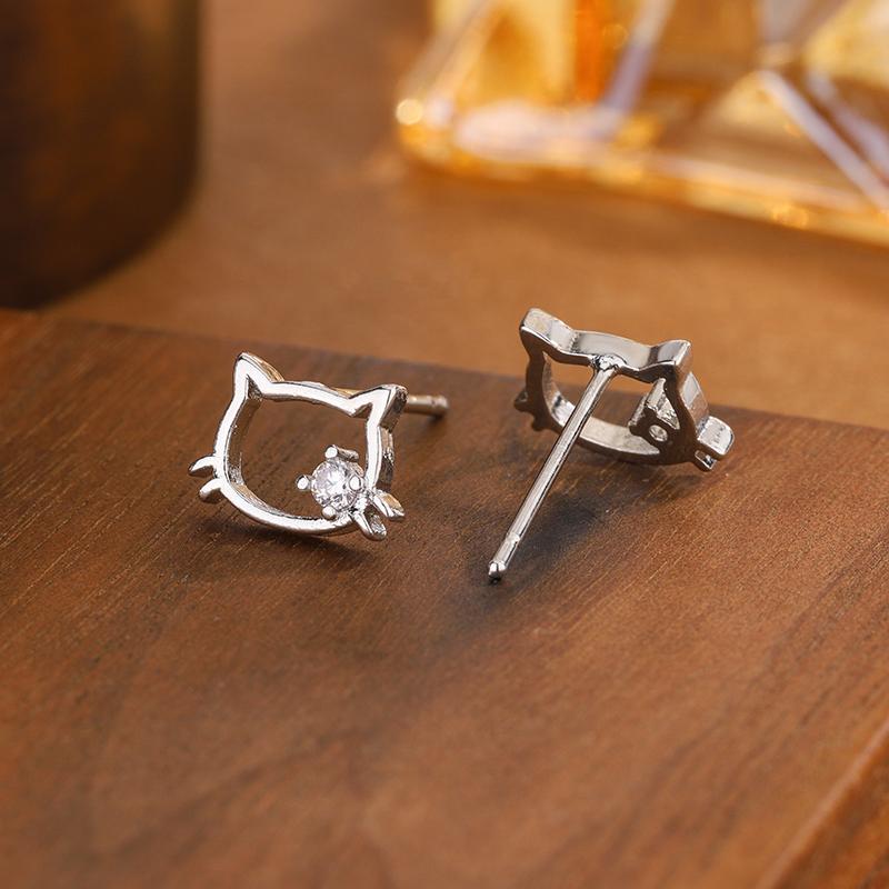 Fashio And Cute Cat 925 Sterling Silver Jewelry Simple Temperament Zircon Inlaid Hollow Animal Earrings E147