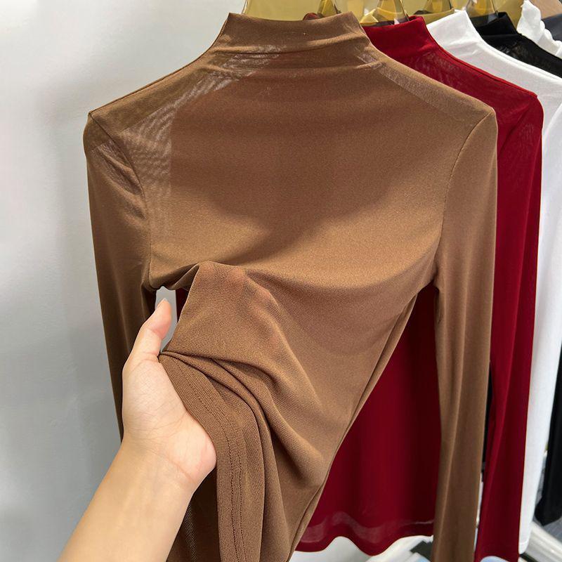 Women's Black Sheer Mesh Half-High Collar Long Sleeve Lace Top for Spring & Summer