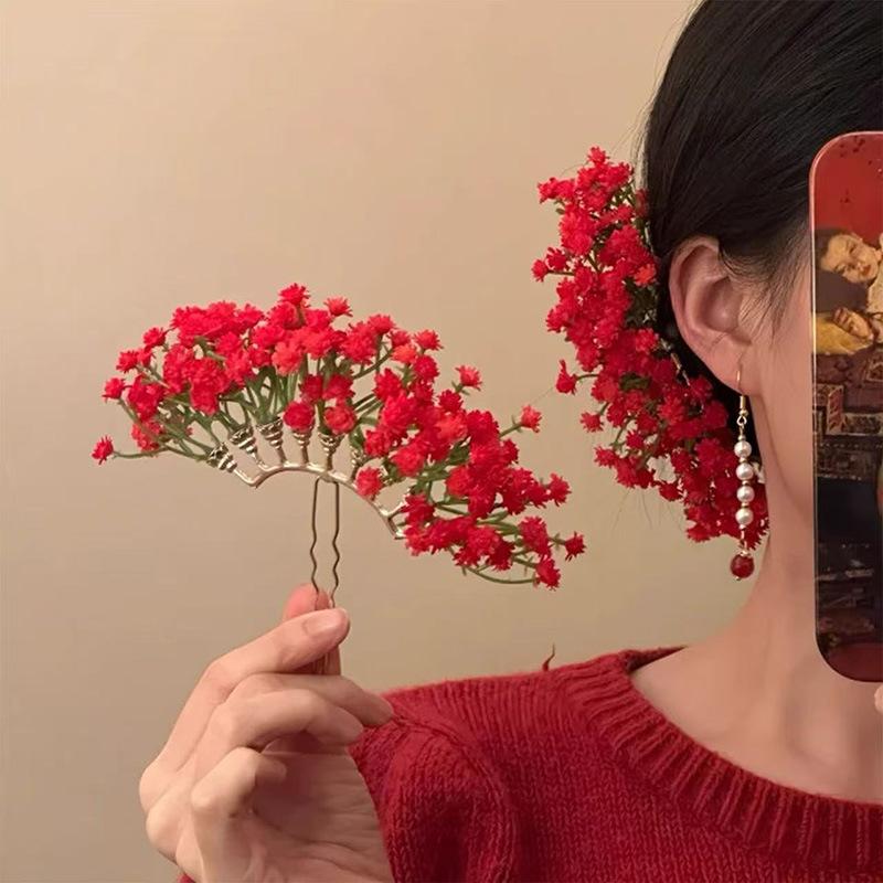 French retro red flower antique hairpin niche hairpin temperament exquisite hair accessories headdress women