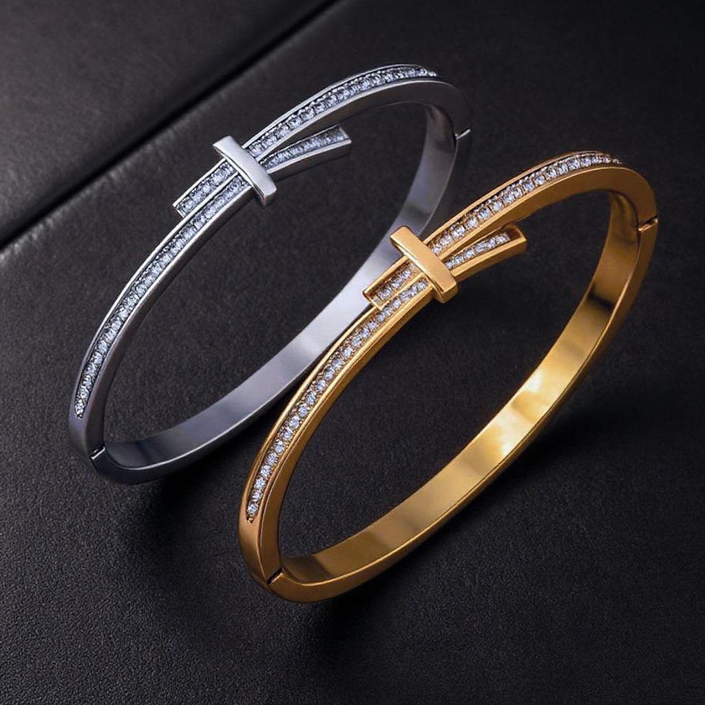 European & American Style Titanium Steel Micro-inlaid Geometric Bracelet for Women