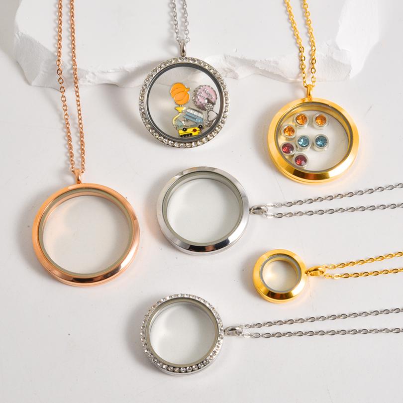 1Pc Stainless Steel Openable Glass Medaillon Coin Holder Collar Jewelry Round Reliquary Photo Floating Locket Pendant Necklaces