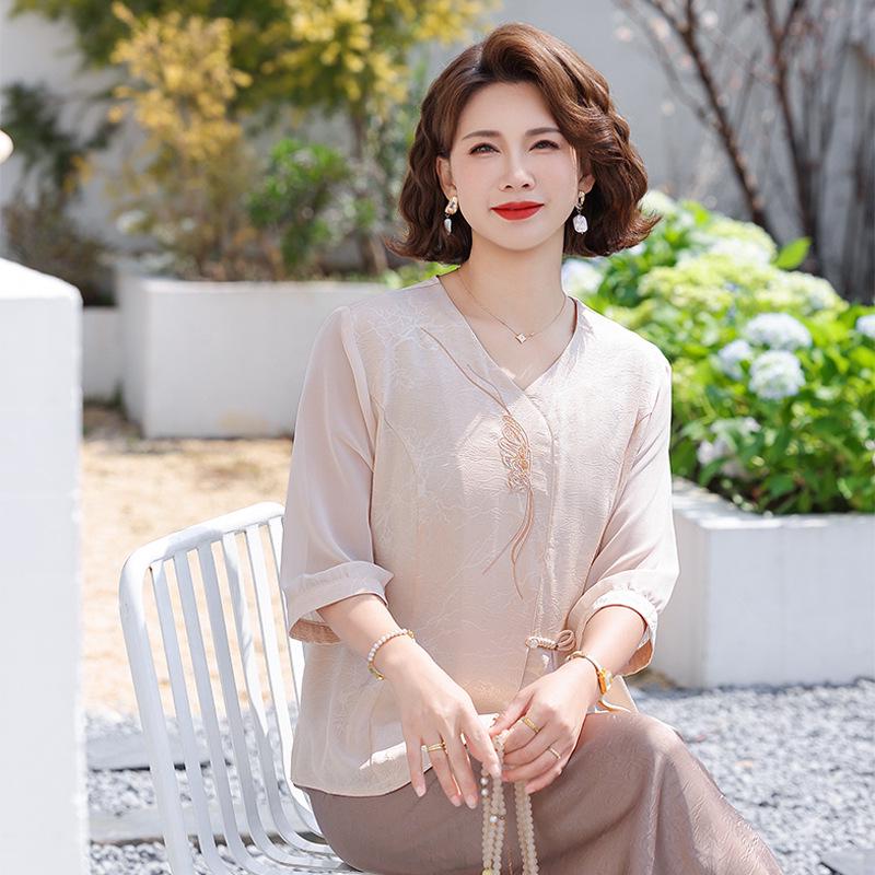 Summer 2026 New Chinese Style T-shirt for Middle-aged and Elderly Women - Happy Mother's Special with Gauze Sleeves, Heavy National Style