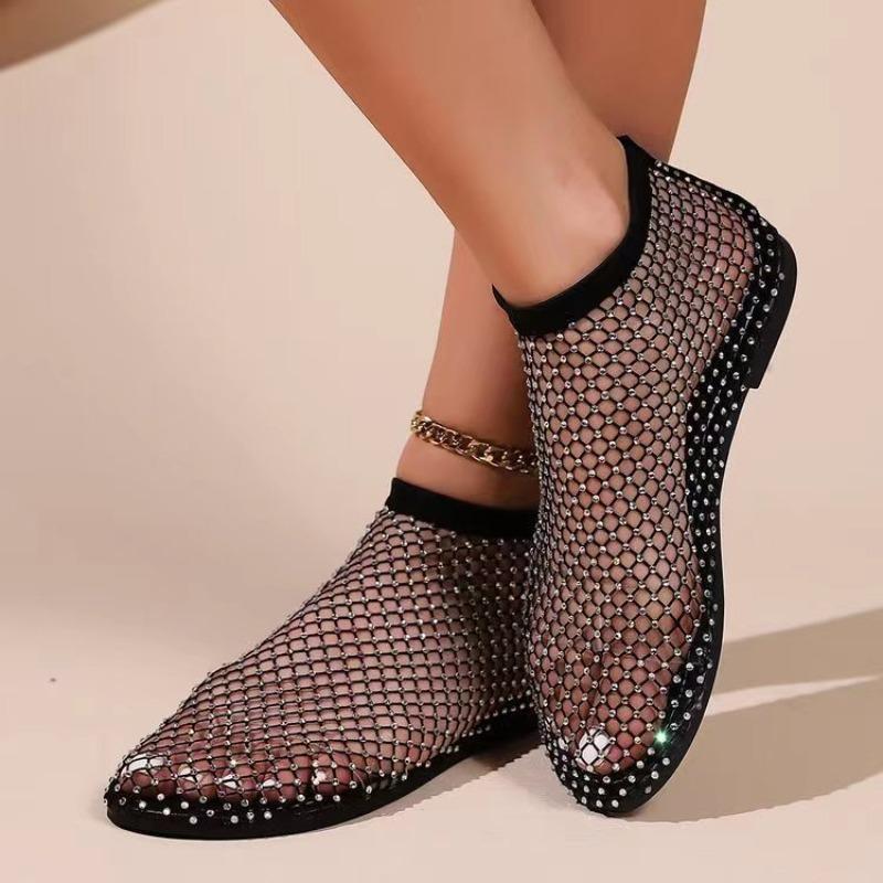 Stivaletti Bassi da Donna Taglie Forti, Punta Tonda, Traforati, Inlaid con Strass, Sexy, Casual, Calzature Estive
