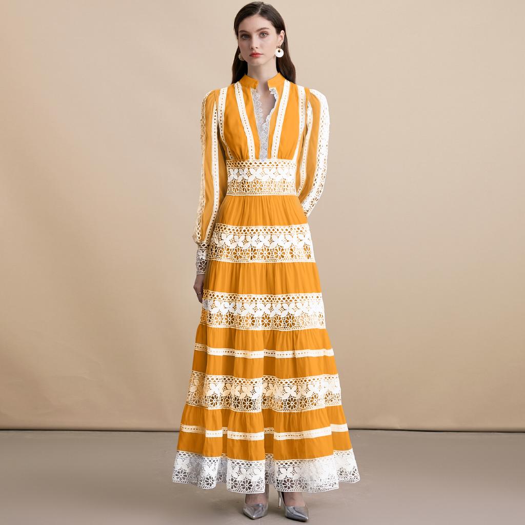 Dresses for Women Fashion Long Sleeve Stand Collar Women Dress Hollow Out A-LINE Dress Women Dresses