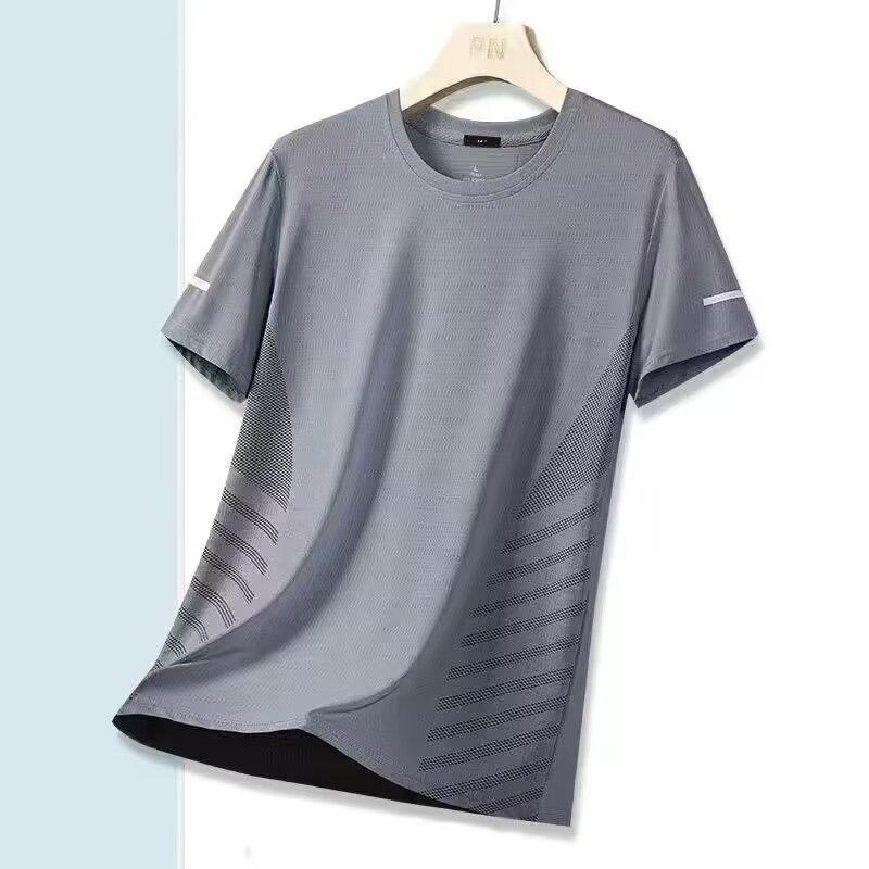 Summer Ice Silk T-Shirt Men'S Round Neck Solid Color Quick-Drying Clothes Short Sleeves, Men'S Sports Loose Thin Breathable Half-Sleeved T-Shirt