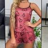 2 Pcs/Set Women O Neck Sleeveless Top Elastic Heart Print Strappy Pajamas Set High Waist Shirring