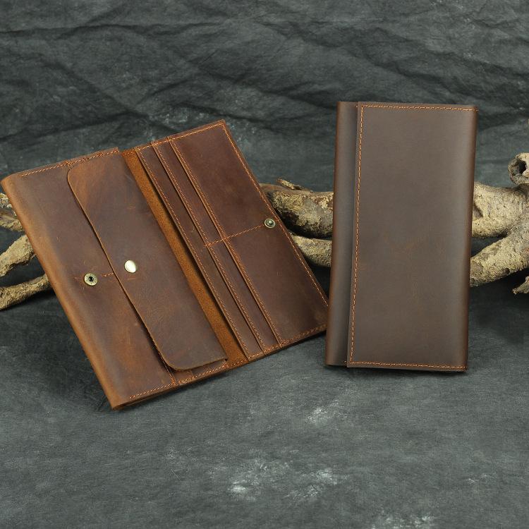 Handmade Leather Long Wallet Men'S Leather First Layer Cowhide Multi-Function Mobile Phone Passport Bag Buckle Wallet