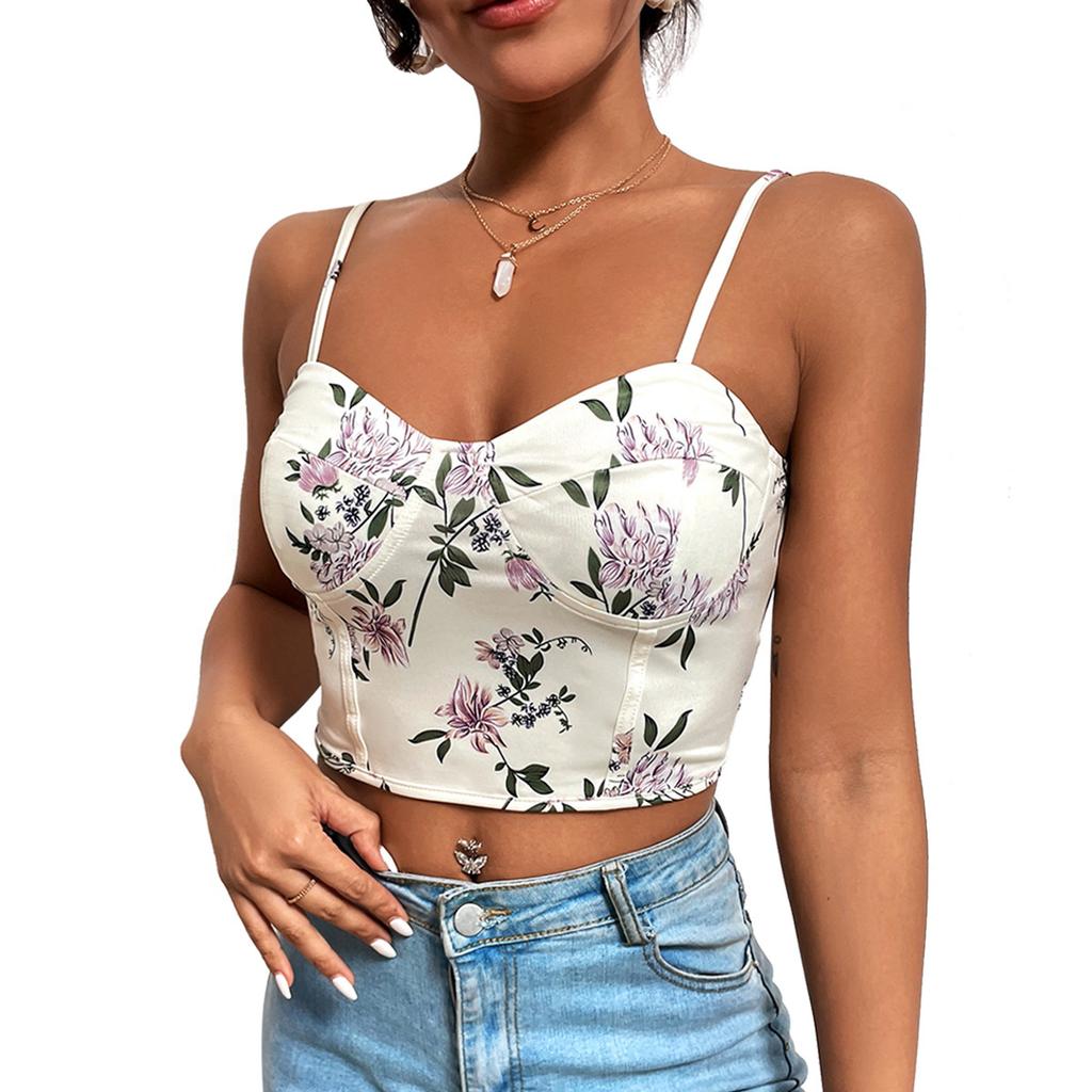 European and American women's clothing explosive spring and summer floral sexy exposed umbilical sling vest with women's outer top