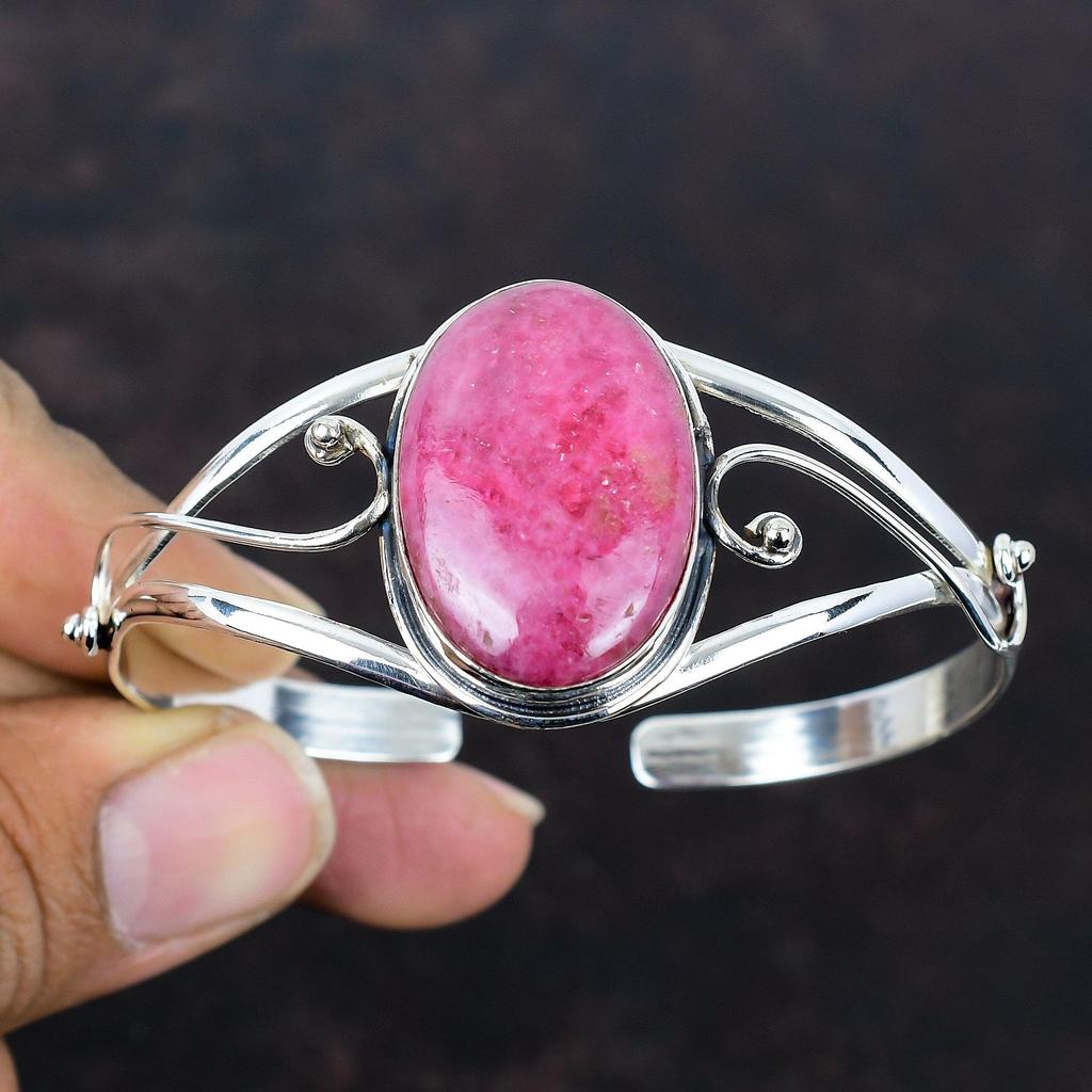 Rhodonite Gemstone Cuff Bracelet Elegant Jewelry 925 Sterling Silver Bangle Adjustable Handmade Cuff Bracelet Women Jewelry Engagement Gifts
