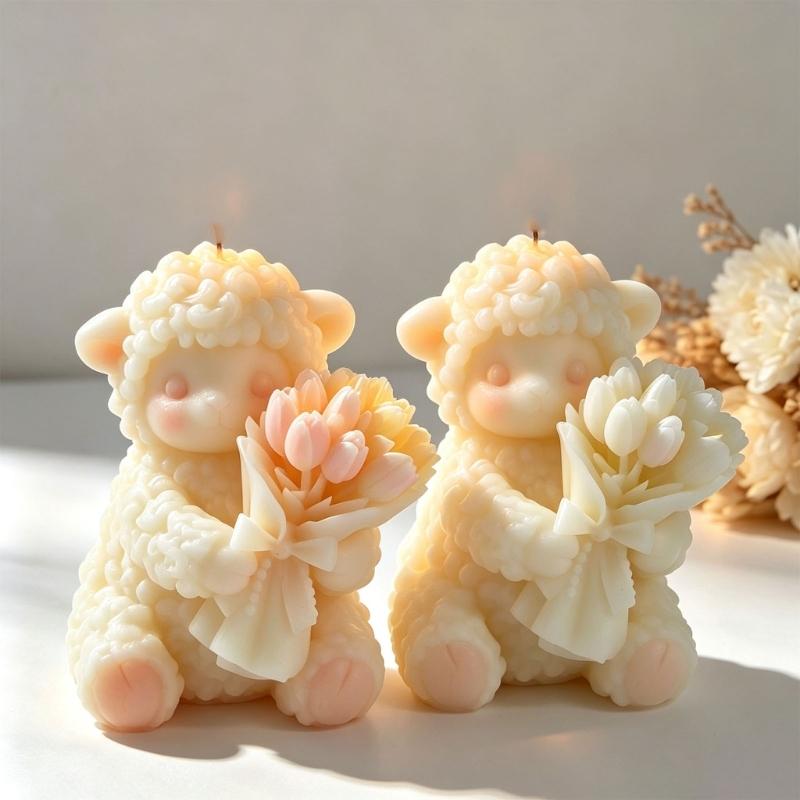 Flexible Sheep Craft Form for Candle Making, Featuring a Flower-Carrying Animal with Clear Wool and Flower Texture for Decorative Casting Projects