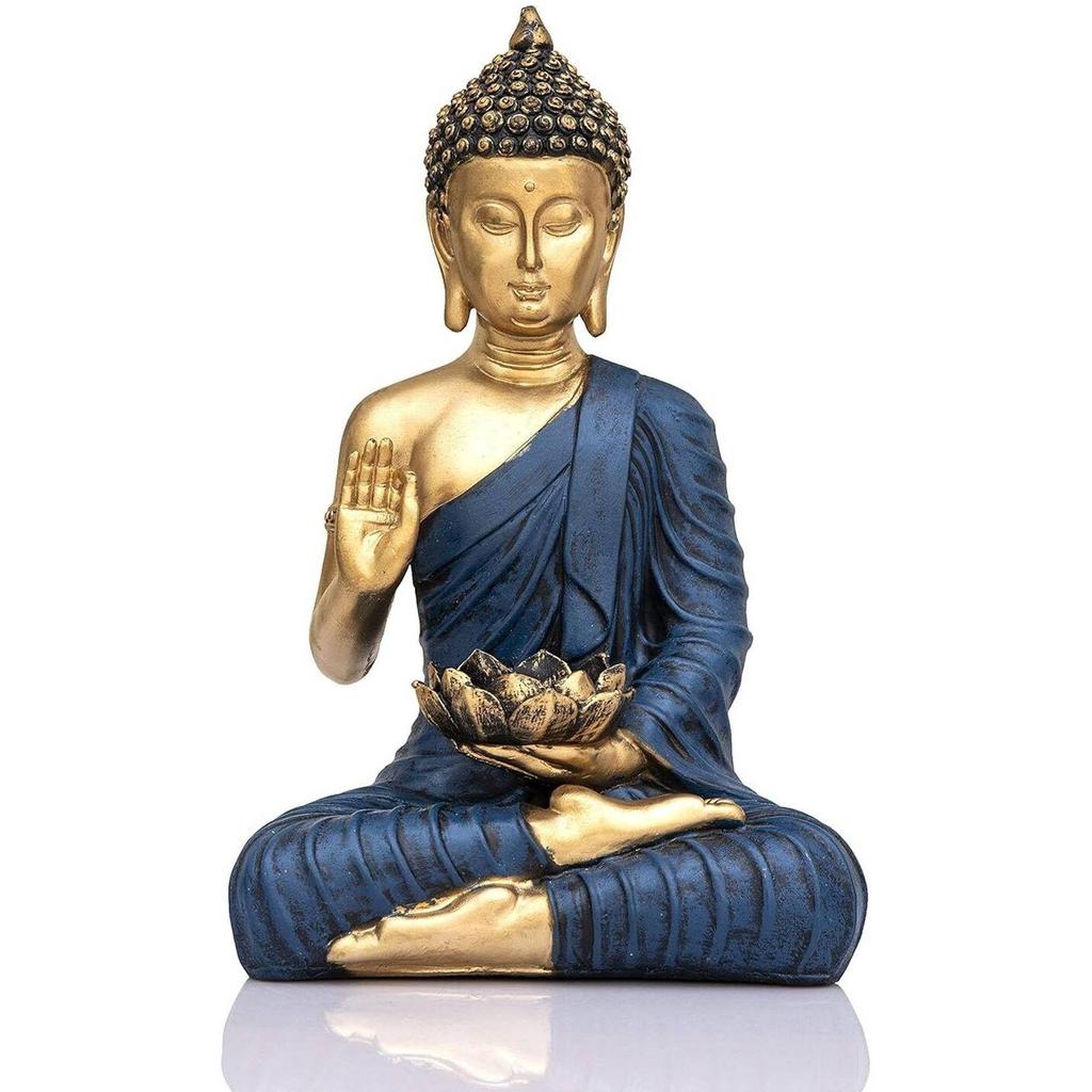 Medytujący siedzący posąg Buddy, ozdoba domu, prezent do salonu, dekoracyjny eksponat - 27 cm (Żywica, niebieski, złoty)