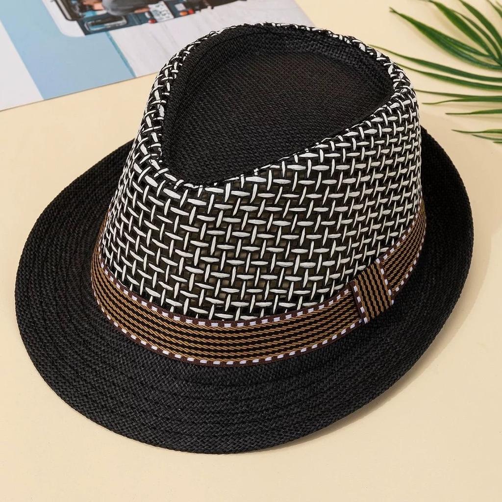 Men Wide Brim Braided Straw Sun Hat Panama Jazz Hat Summer UV Protection Breathable Mesh Beach Outdoor British Style Cowboy