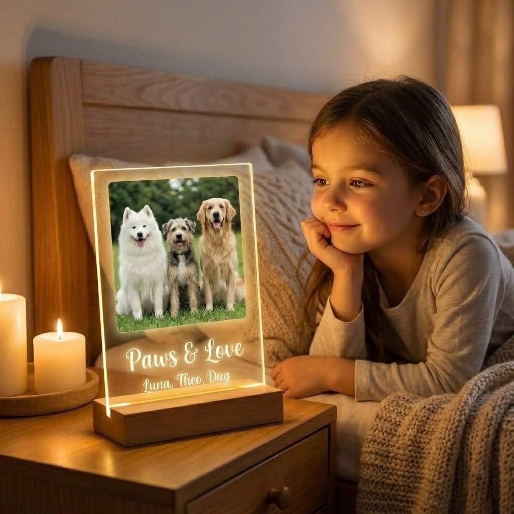 Personalized Pet Memorial Night Light Custom Pet Photo Text LED Acrylic Wood Base Thoughtful Gift or Pet Lovers Owner Friends