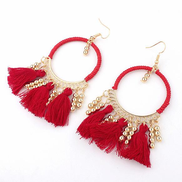 

Bohemian hand-wound woven wool fringed earrings retro fashion large round earrings femininity earrings червоний