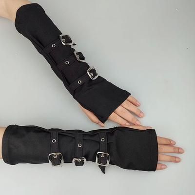 Damen Halbfinger Metall Schnalle Gürtel Nieten Punk Hip Hop Party Cosplay Tanz Handschuh Schwarz Fingerlos Milchseide Handschuh Stulpe R46
