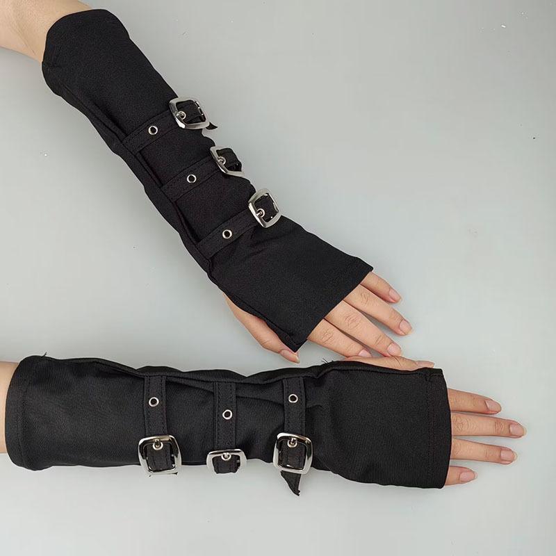 

Women Half Finger Metal Buckle Belt Rivet Punk Hip Hop Party Cosplay Dance Mitten Black Fingerless Milk Silk Glove Cuff R46 30x9.5cm чорний