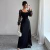 Women's Elegant Square Neck Bubble Long Sleeve Mesh Insert Jacquard Maxi Dress 3D Slimming A-Line Swing Long Dress
