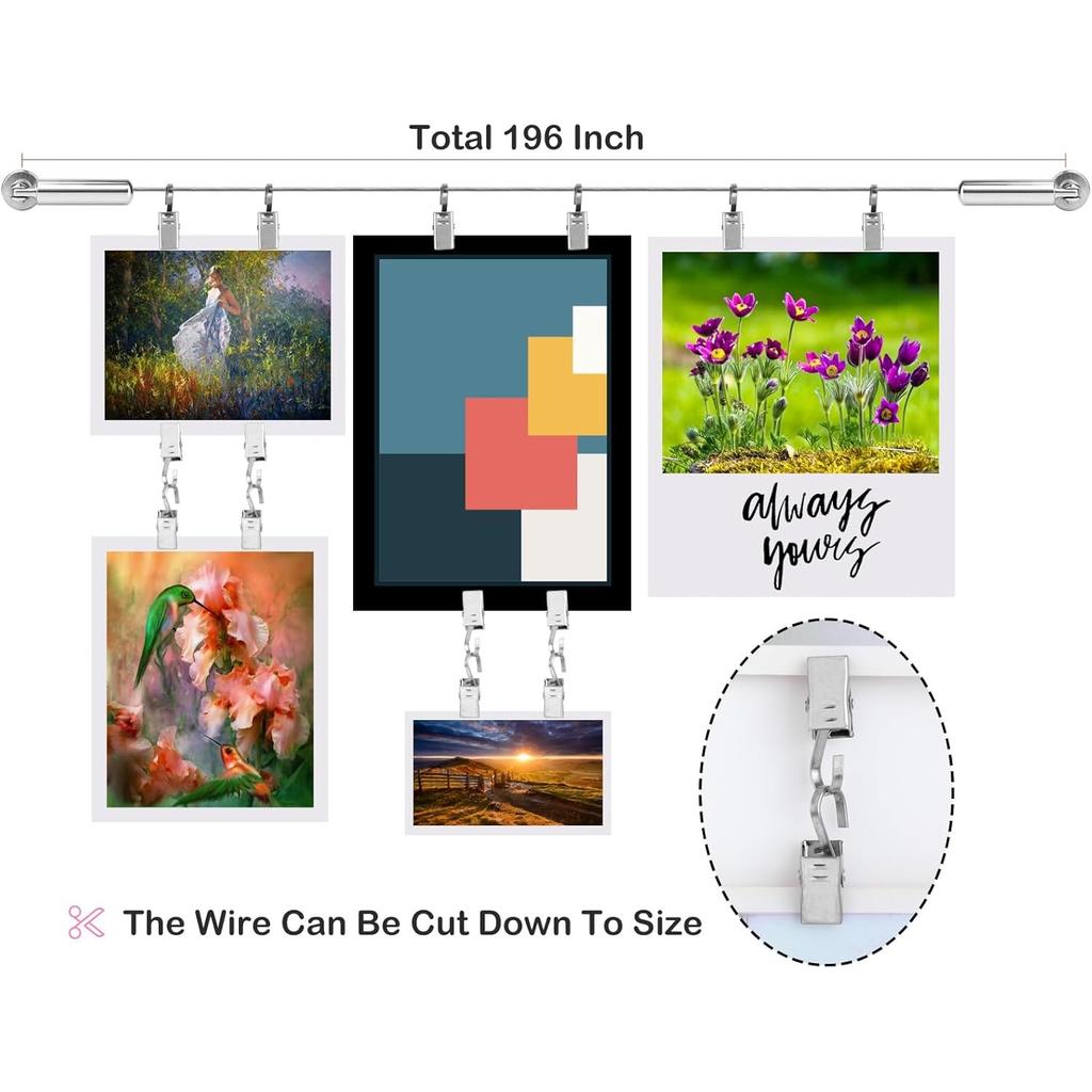 Wall Mount Art Projects Display Curtain Rod Set (5 Meters) with 20 Clips - Stainless Steel Photo Hanging Clothesline Window Curtain Tension