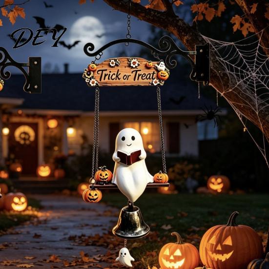 Halloween Hanging Bell Decoration Ghost Wind Chime Wall Hanging, Porch Yard Decor with Resin Metal Bell, Festive Vintage Farmhouse Ornament for Garden
