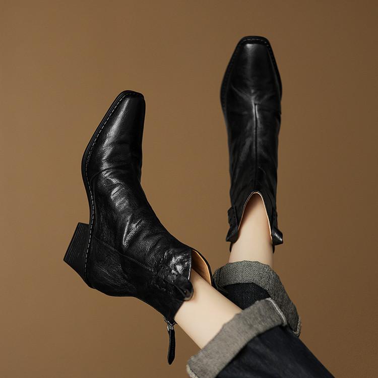 Fashion New Autumn/winter Genuine Leather Women Boots Square Toe Shoes for Women Fashion Boots High Heels Rear Zipper Western Boots