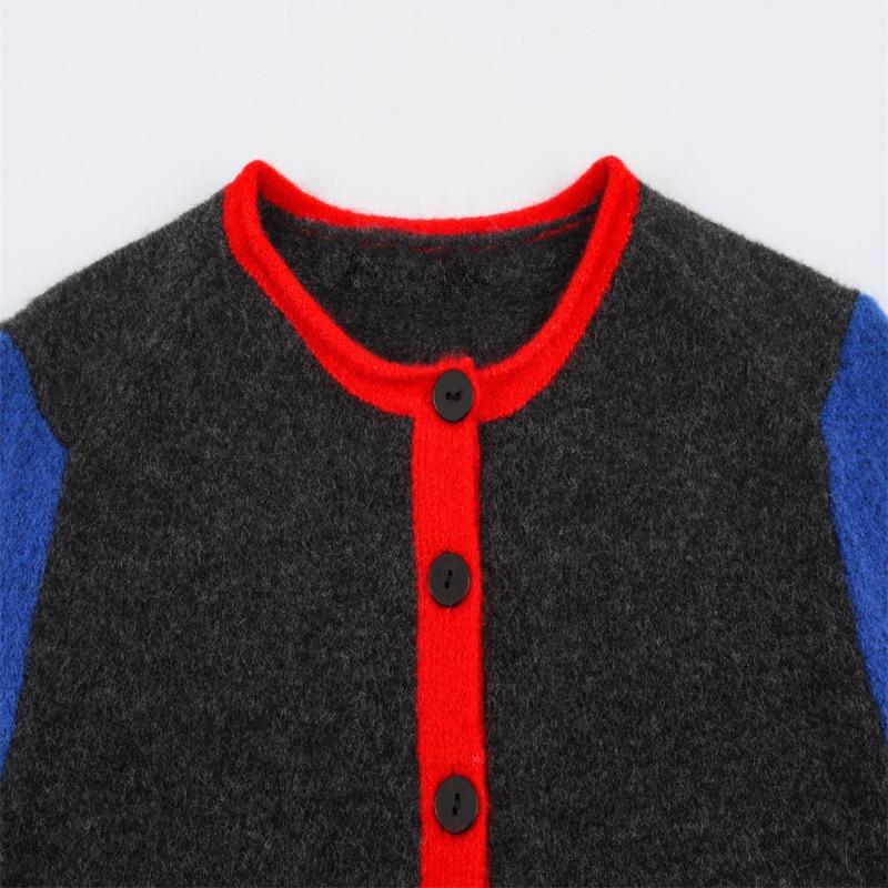 Women Long Sleeve Round Neck Color Block Knit Cardigan Office