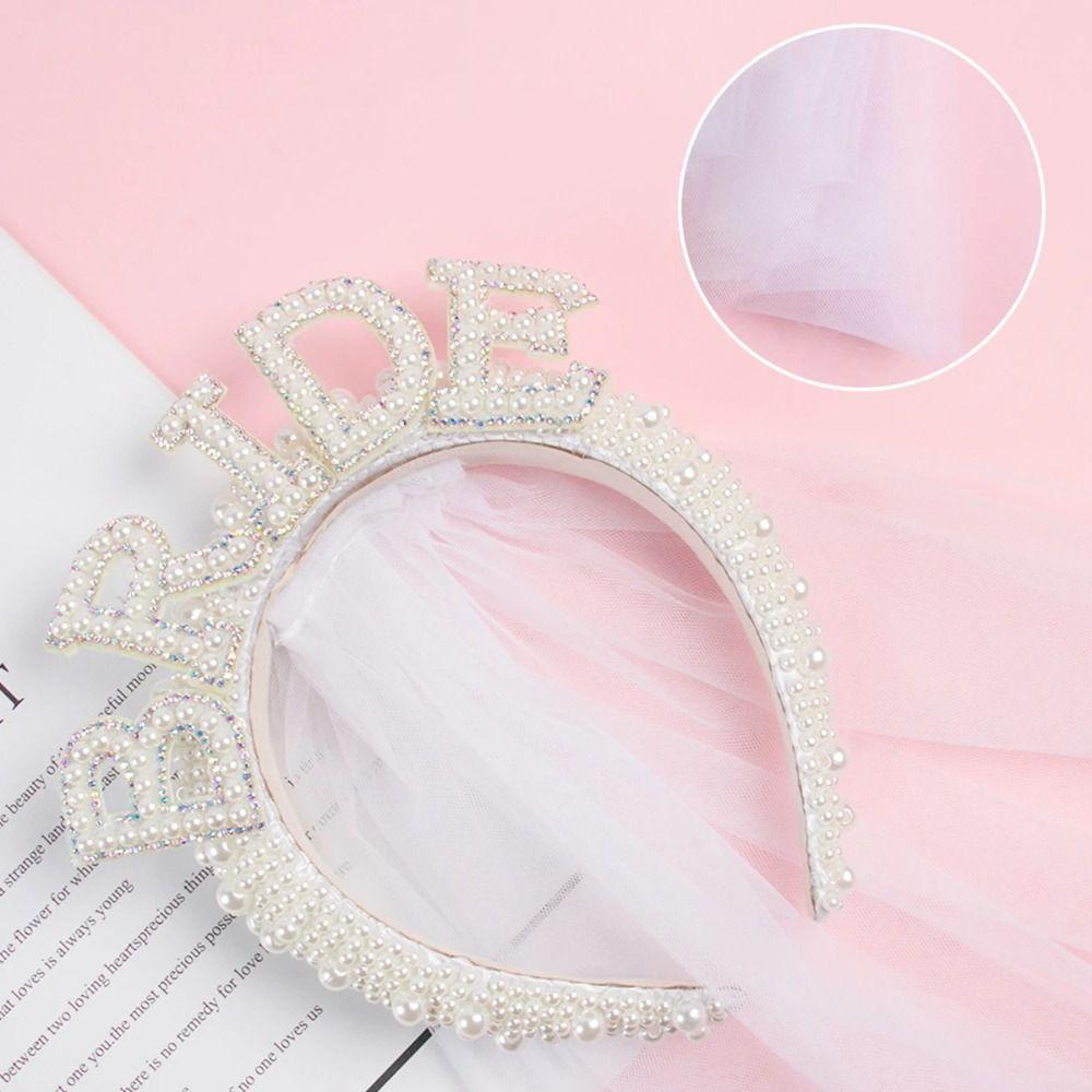 With Veil Pearl Crown Headband White Bridal Hair Accessories  Engagement Dinner Hair Accessories