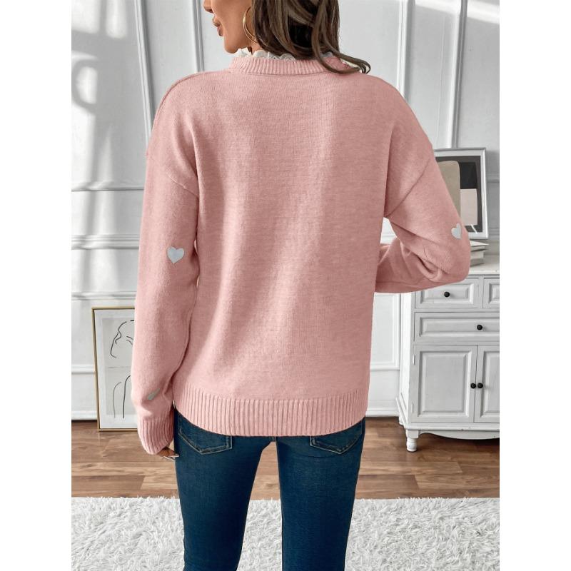 Women V Neck Heart Pattern Pullover Knit Sweater Autumn Casual
