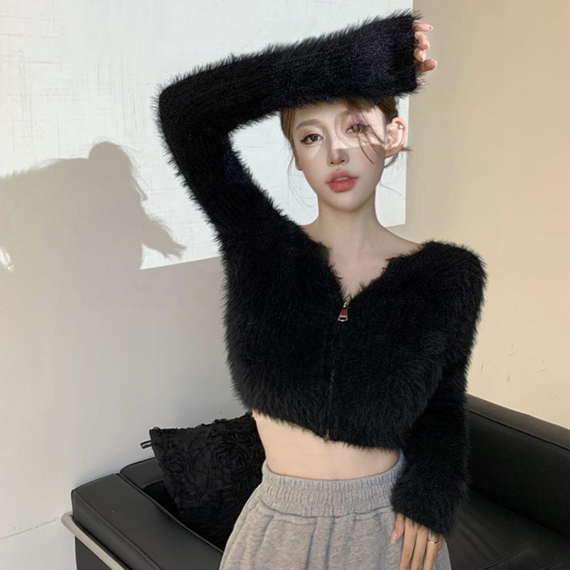 

Женская плюшевая куртка, вязаный кардиган, с открытыми плечами, короткий свитер, однотонный топ на молнии One Size чёрный